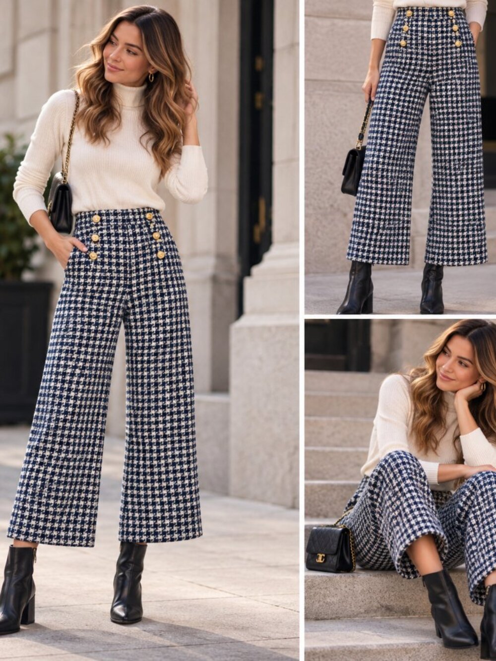 ZARA Houndstooth Pants – Wide Leg Plaid Trousers XS